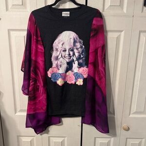 Dolly Parton Upcycled Graphic Tee & Sheer Flowy Rose Print Sleeves - OSFM
